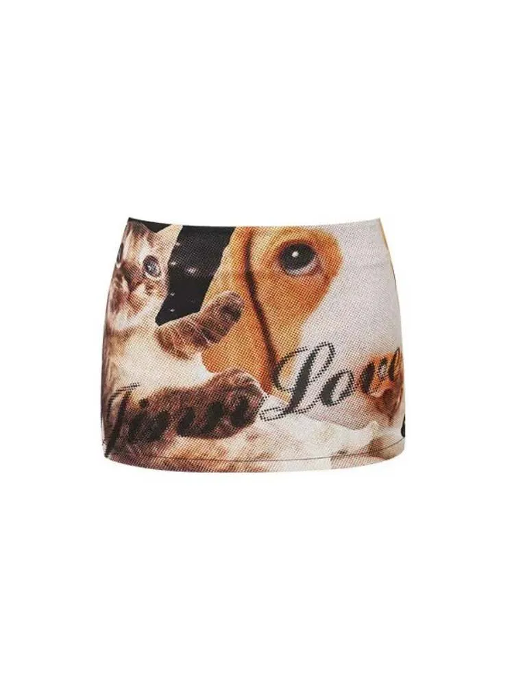 Dog & Cat Print Hip Hug Tight Mini Skirt【s0000009163】