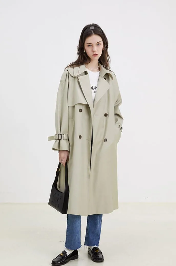 Double-Breasted Loose Mid-Length Melton Trench Coat