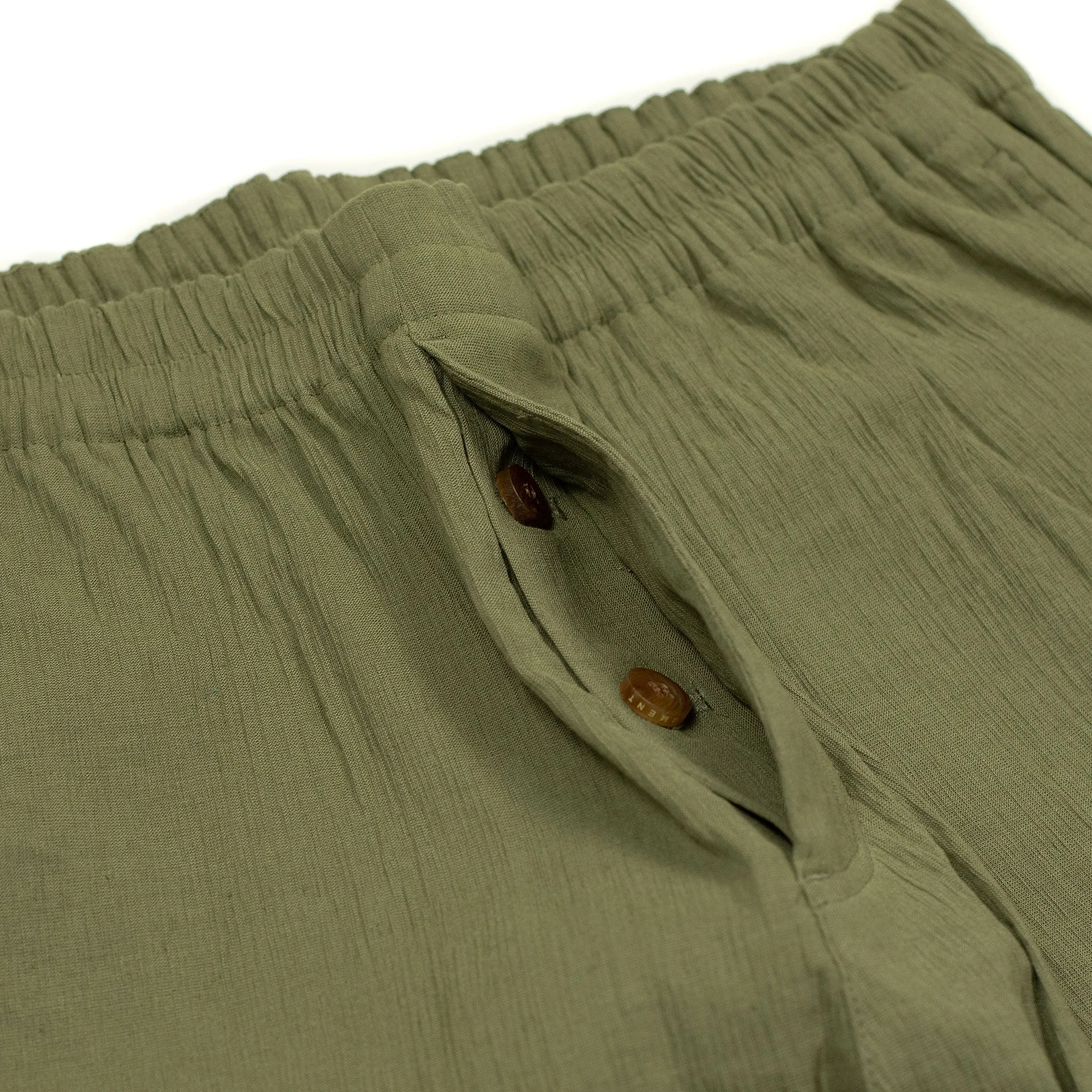 Drawstring easy pants in light olive Italian linen and rayon fabric