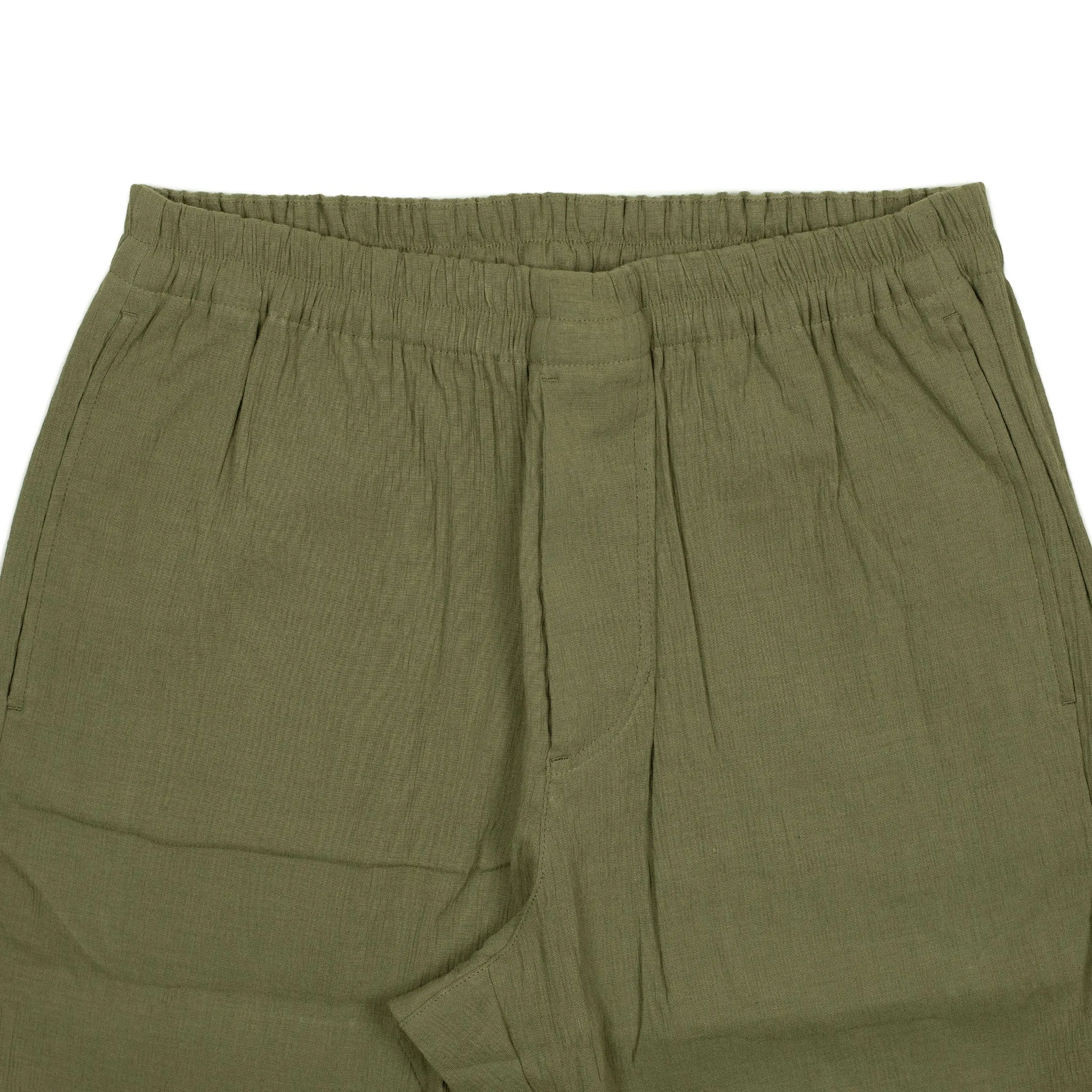 Drawstring easy pants in light olive Italian linen and rayon fabric