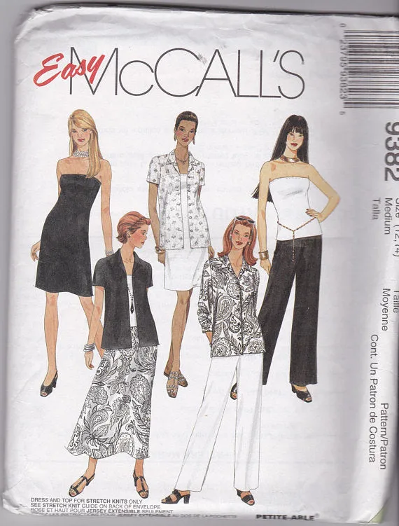 Easy McCall's 9382 Misses Dress or Top, Shirt, Pull-on Pants and Skirt Vintage 1990's