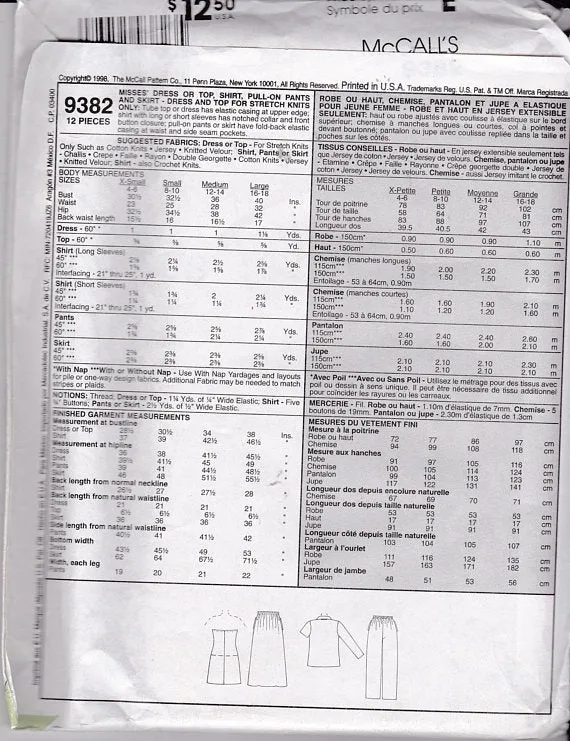 Easy McCall's 9382 Misses Dress or Top, Shirt, Pull-on Pants and Skirt Vintage 1990's