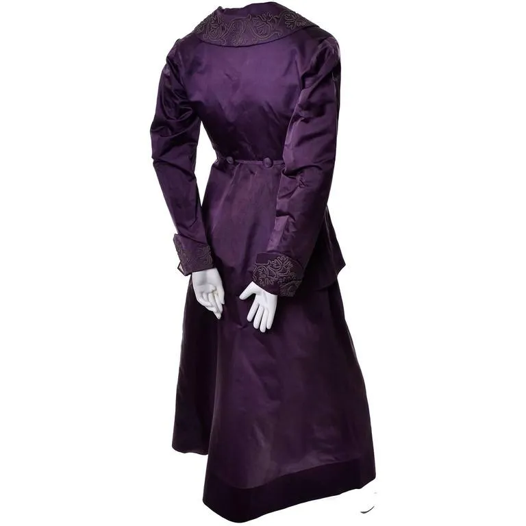 Edwardian Skirt & Jacket Walking Suit Soutache Trim Purple Silk Vintage Ensemble