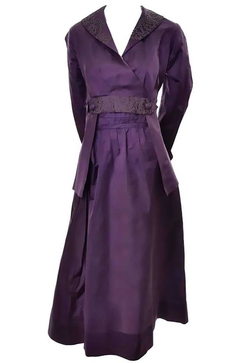 Edwardian Skirt & Jacket Walking Suit Soutache Trim Purple Silk Vintage Ensemble