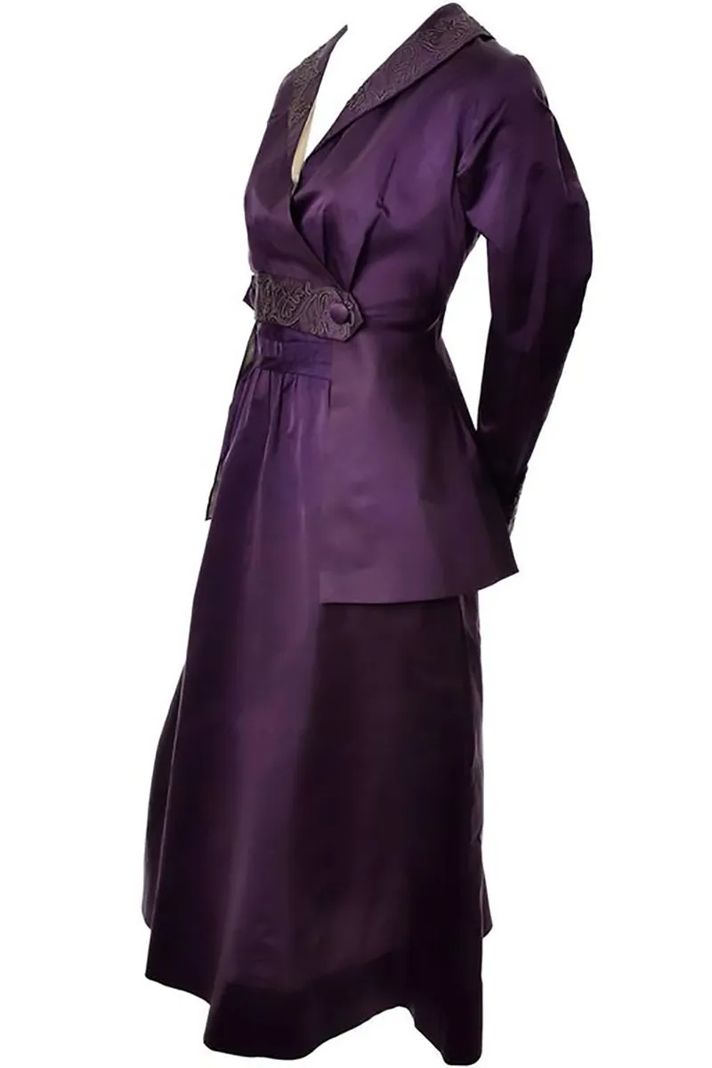 Edwardian Skirt & Jacket Walking Suit Soutache Trim Purple Silk Vintage Ensemble