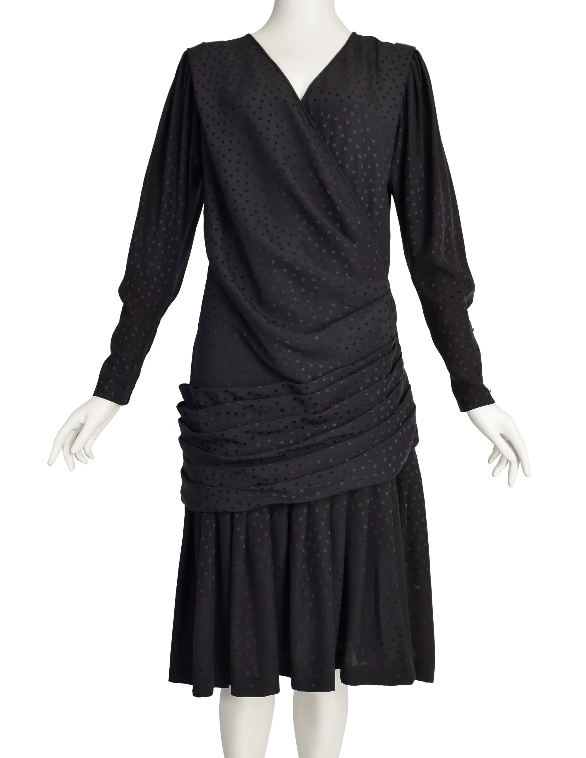 Emanuel Ungaro Vintage 1985 Black Polka Dot Silk Jacquard Draped Dress