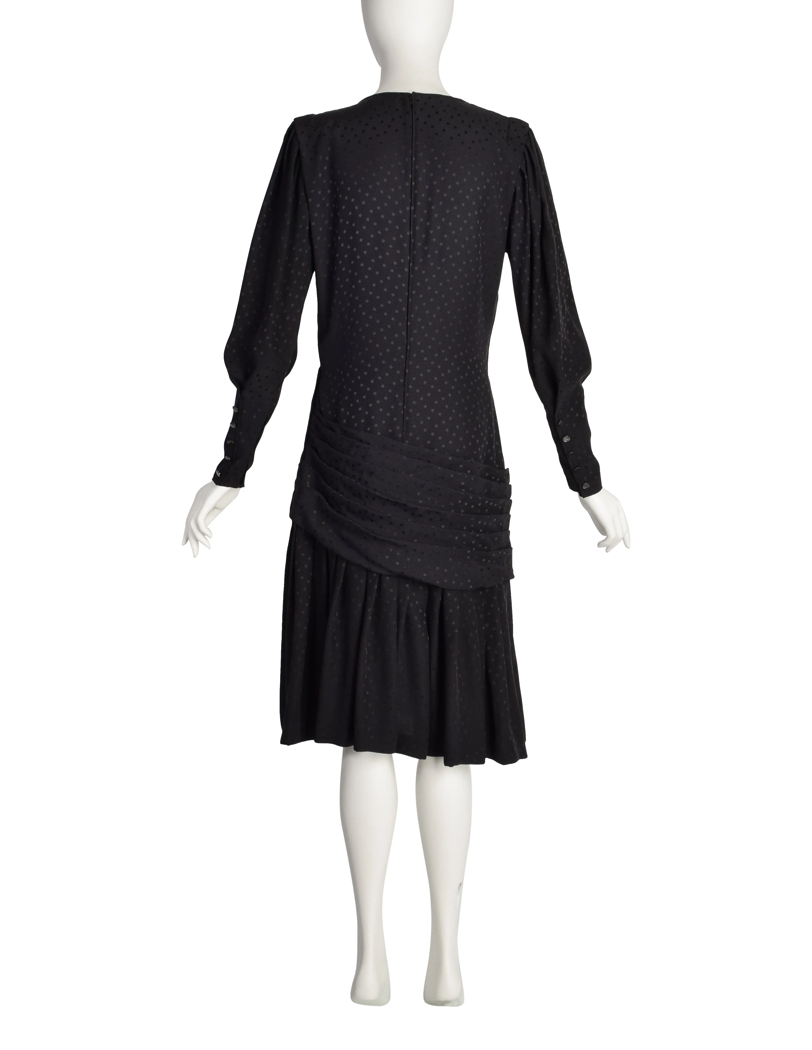 Emanuel Ungaro Vintage 1985 Black Polka Dot Silk Jacquard Draped Dress