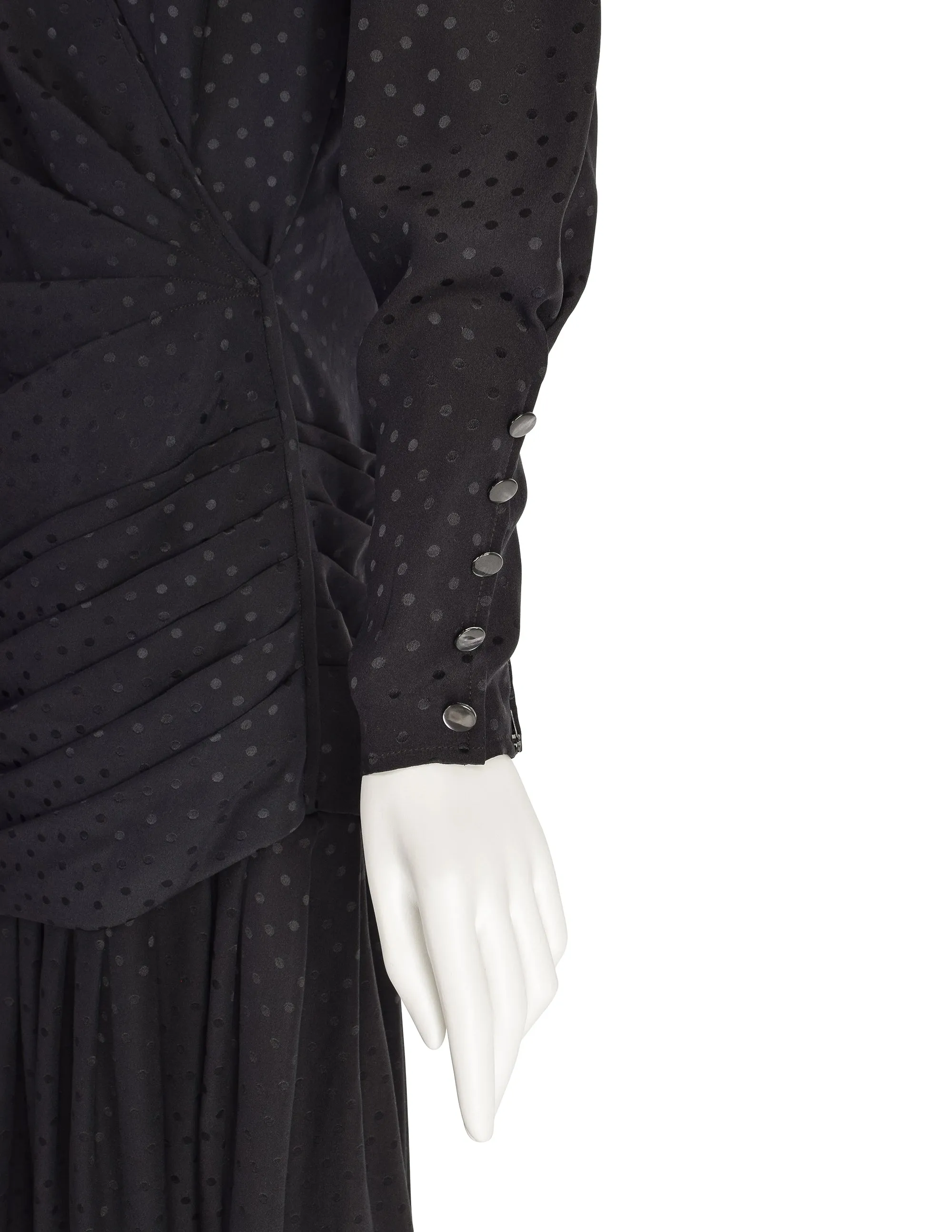 Emanuel Ungaro Vintage 1985 Black Polka Dot Silk Jacquard Draped Dress