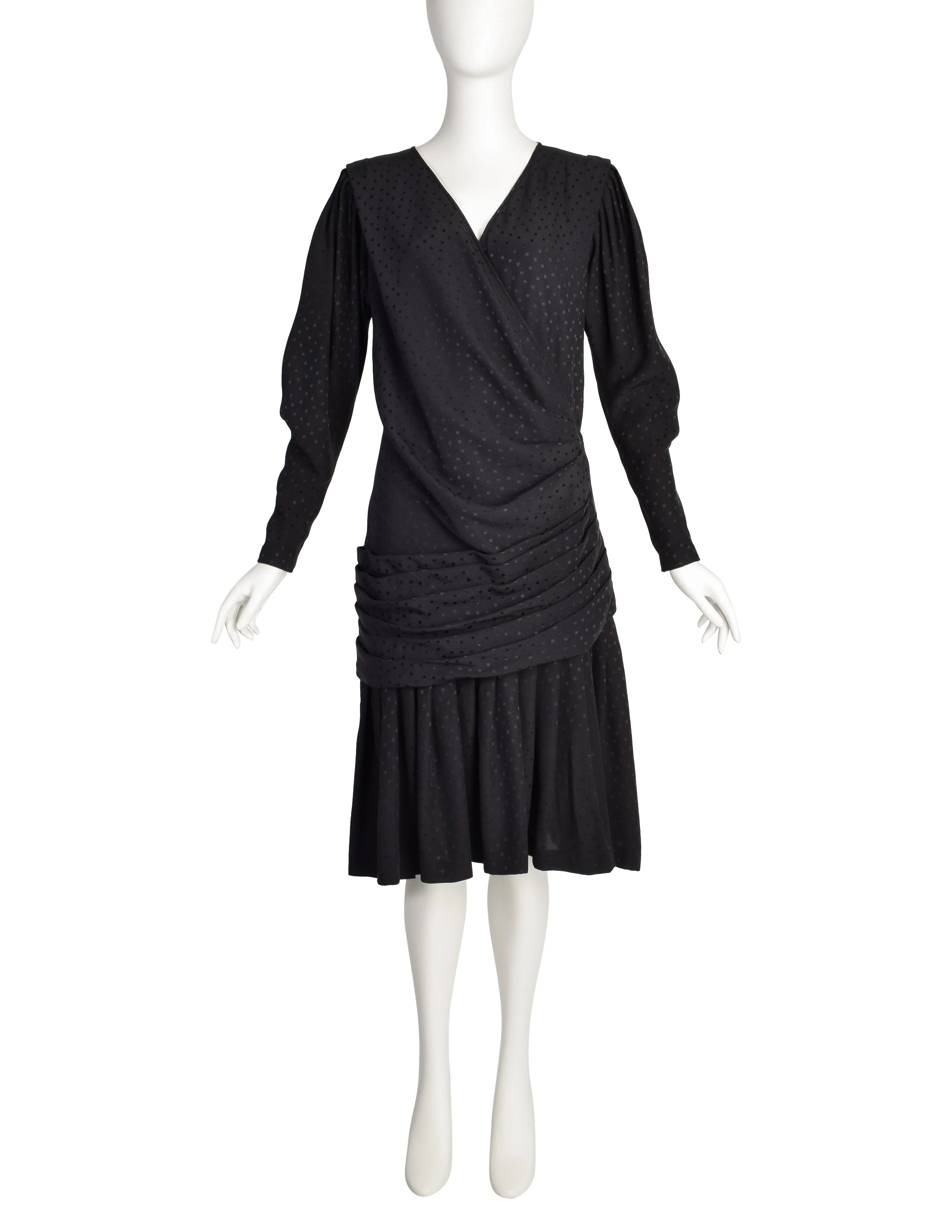 Emanuel Ungaro Vintage 1985 Black Polka Dot Silk Jacquard Draped Dress