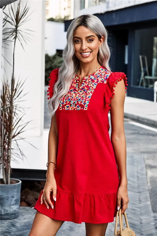 Embroidered Shift Dress with Pom Poms - Red