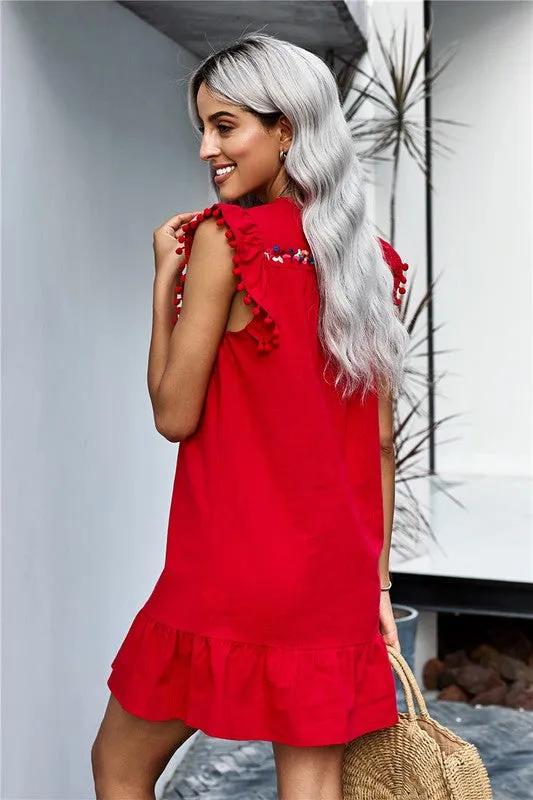 Embroidered Shift Dress with Pom Poms - Red