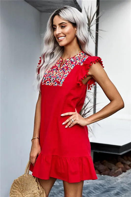 Embroidered Shift Dress with Pom Poms - Red