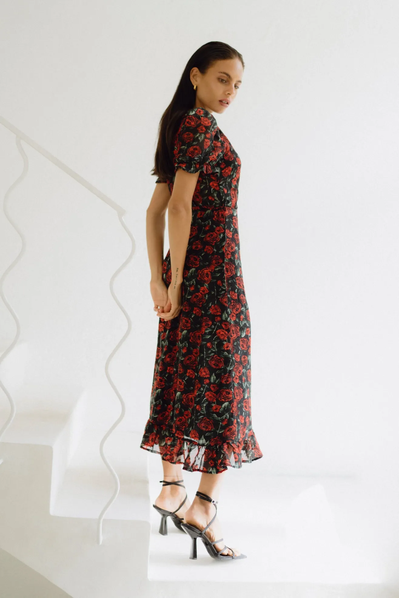 Evelyn Black Red Floral Wrap Midi Dress