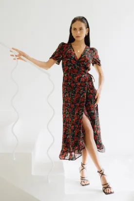 Evelyn Black Red Floral Wrap Midi Dress