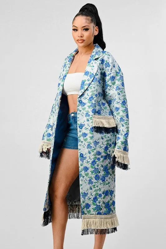 FLORAL PRINT TASSLE TRENCH COAT