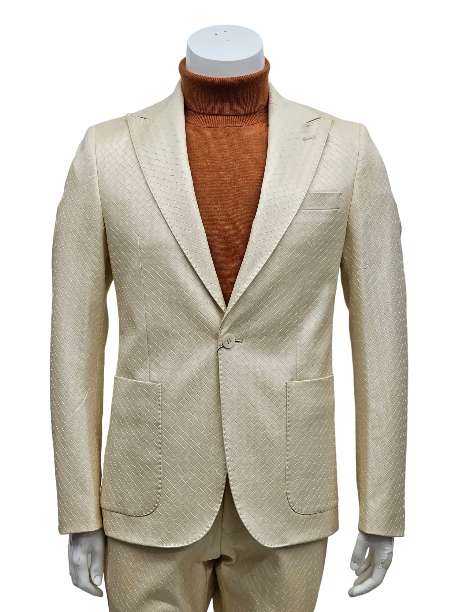 Giovanni Testi 1 Button Peak Lapel Basket Weave Pattern Slim Fit Suit GT1P-LTD IVORY