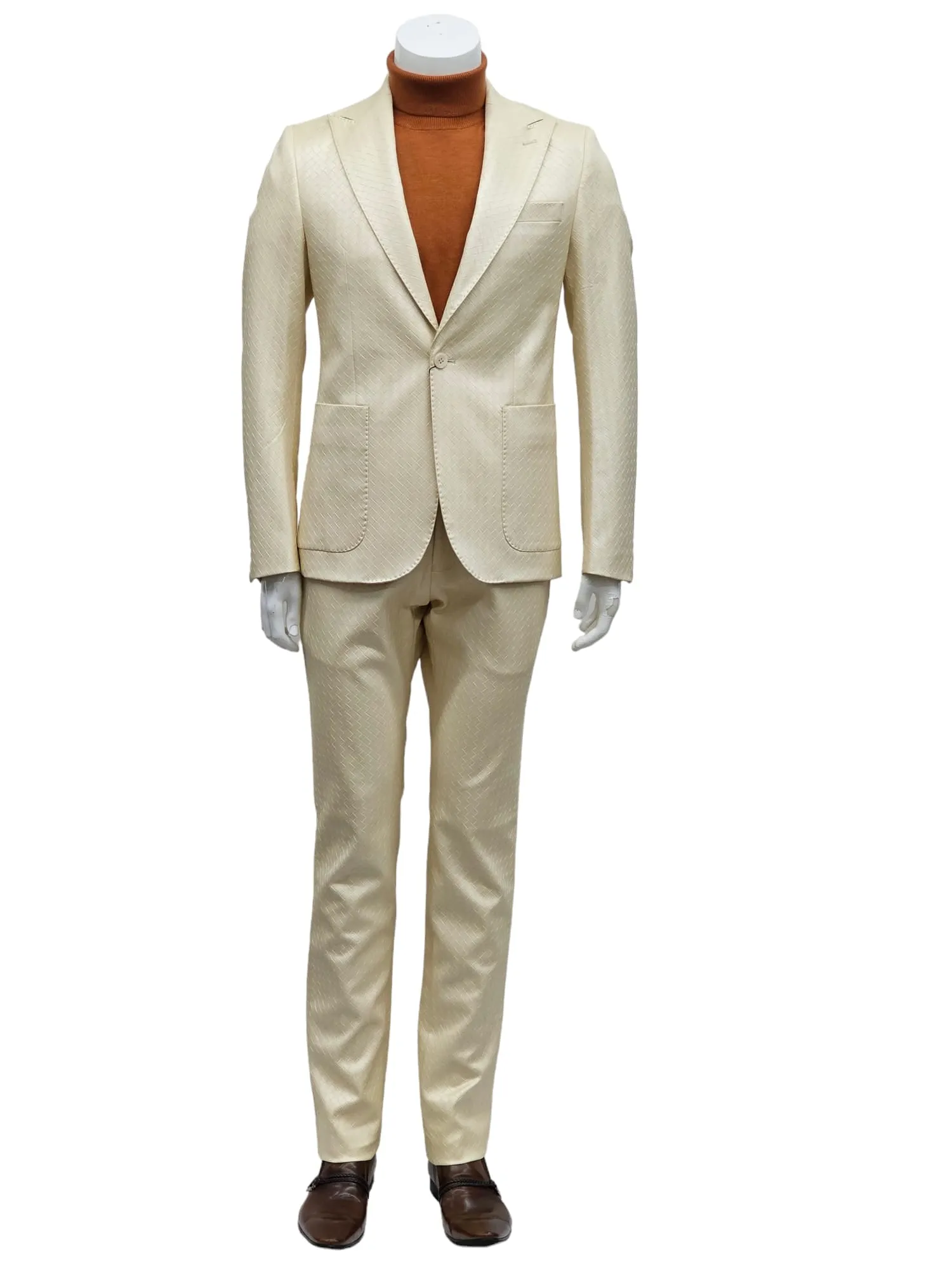 Giovanni Testi 1 Button Peak Lapel Basket Weave Pattern Slim Fit Suit GT1P-LTD IVORY