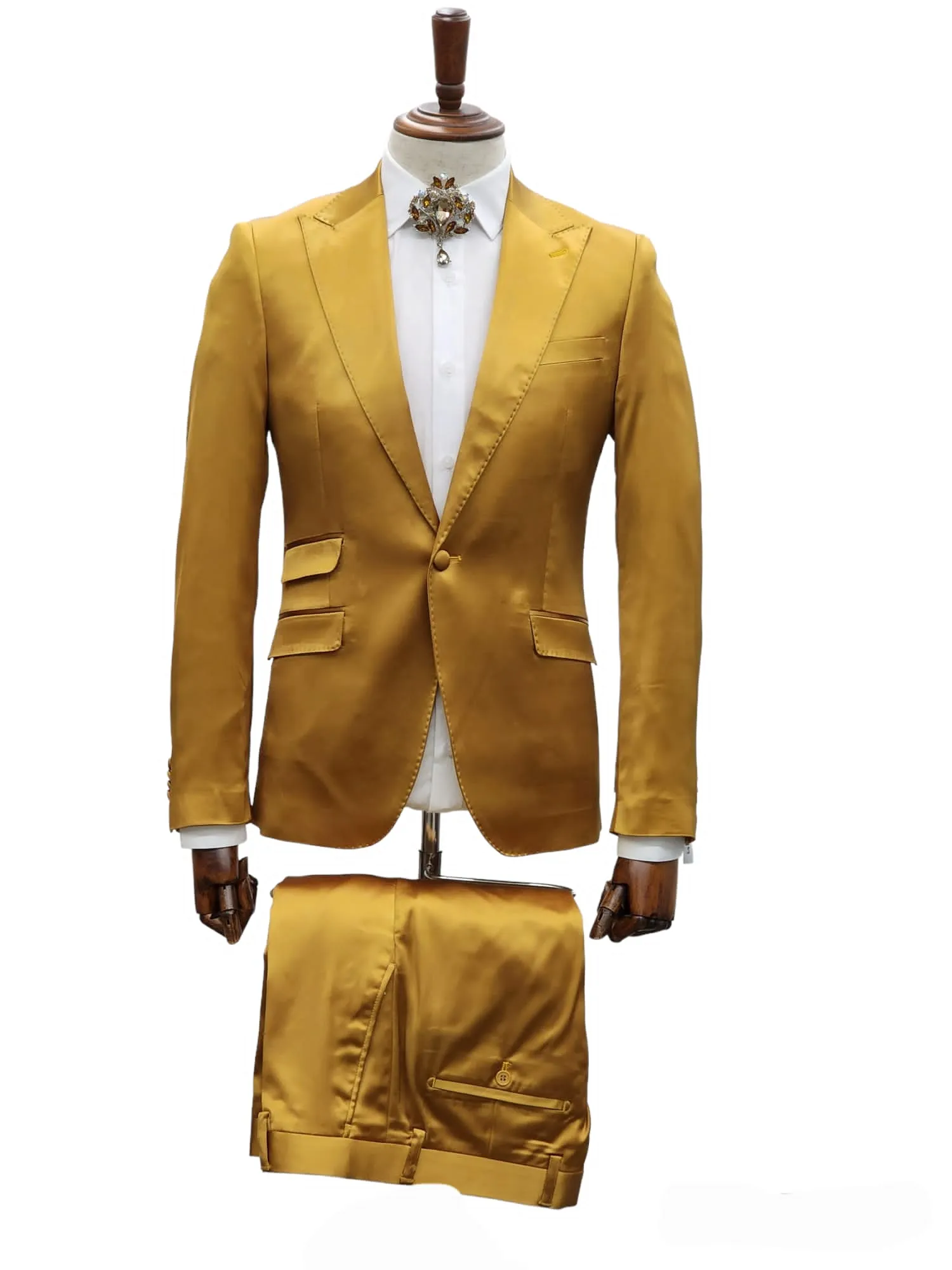 Giovanni Testi 1 Button Peak Lapel Stretch Satin Slim Fit Suit GT1P-19035 Gold