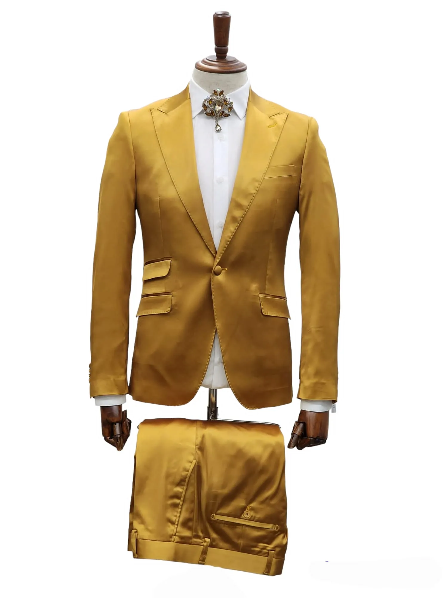 Giovanni Testi 1 Button Peak Lapel Stretch Satin Slim Fit Suit GT1P-19035 Gold