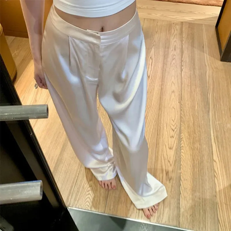 Girlary Elegant Satin Wide Leg Pants Women 3Xl Fashion High Waist Black White Pants Summer Ladies Korean Baggy Straight Trousers