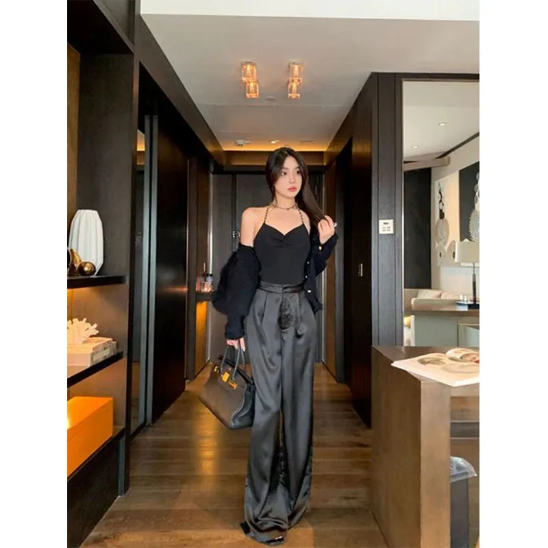 Girlary Elegant Satin Wide Leg Pants Women 3Xl Fashion High Waist Black White Pants Summer Ladies Korean Baggy Straight Trousers