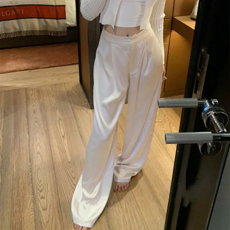 Girlary Elegant Satin Wide Leg Pants Women 3Xl Fashion High Waist Black White Pants Summer Ladies Korean Baggy Straight Trousers