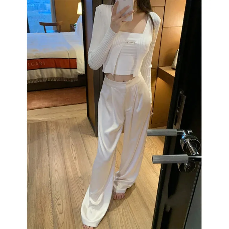 Girlary Elegant Satin Wide Leg Pants Women 3Xl Fashion High Waist Black White Pants Summer Ladies Korean Baggy Straight Trousers