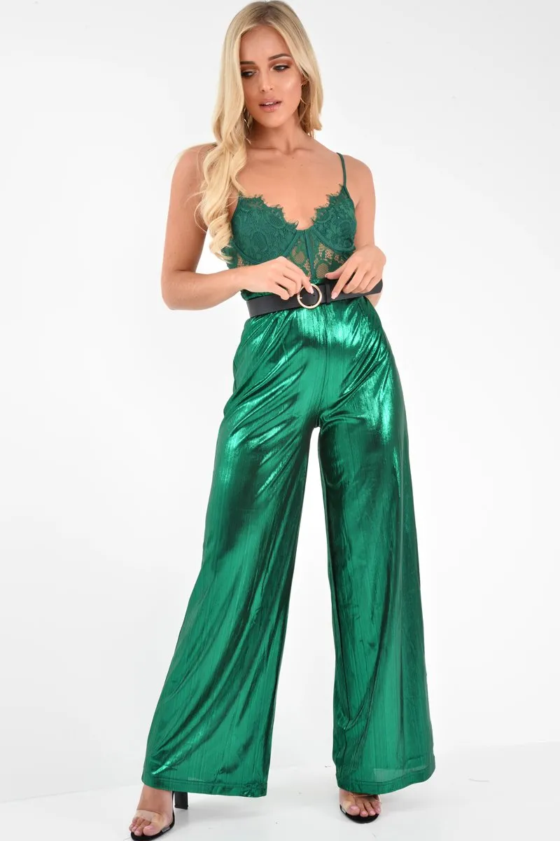 Green Metallic High Waist Wide Leg Trousers - Lissette