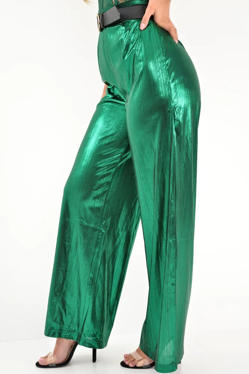 Green Metallic High Waist Wide Leg Trousers - Lissette