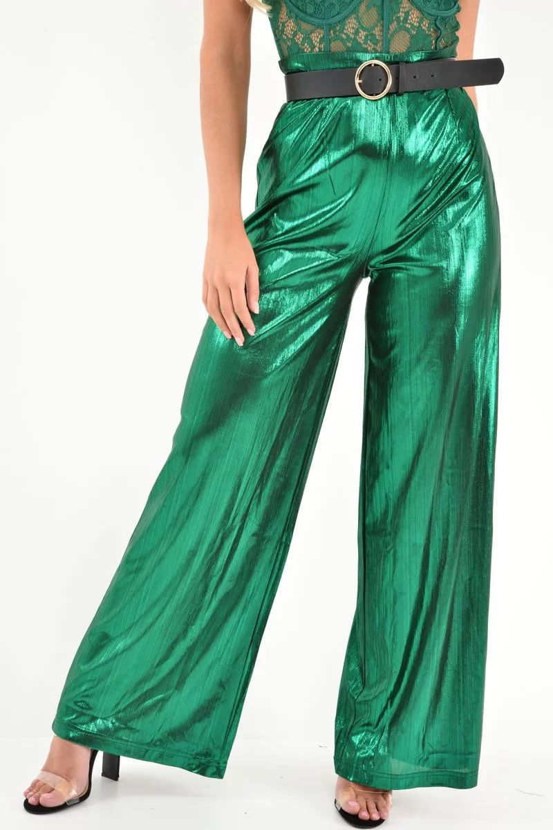 Green Metallic High Waist Wide Leg Trousers - Lissette