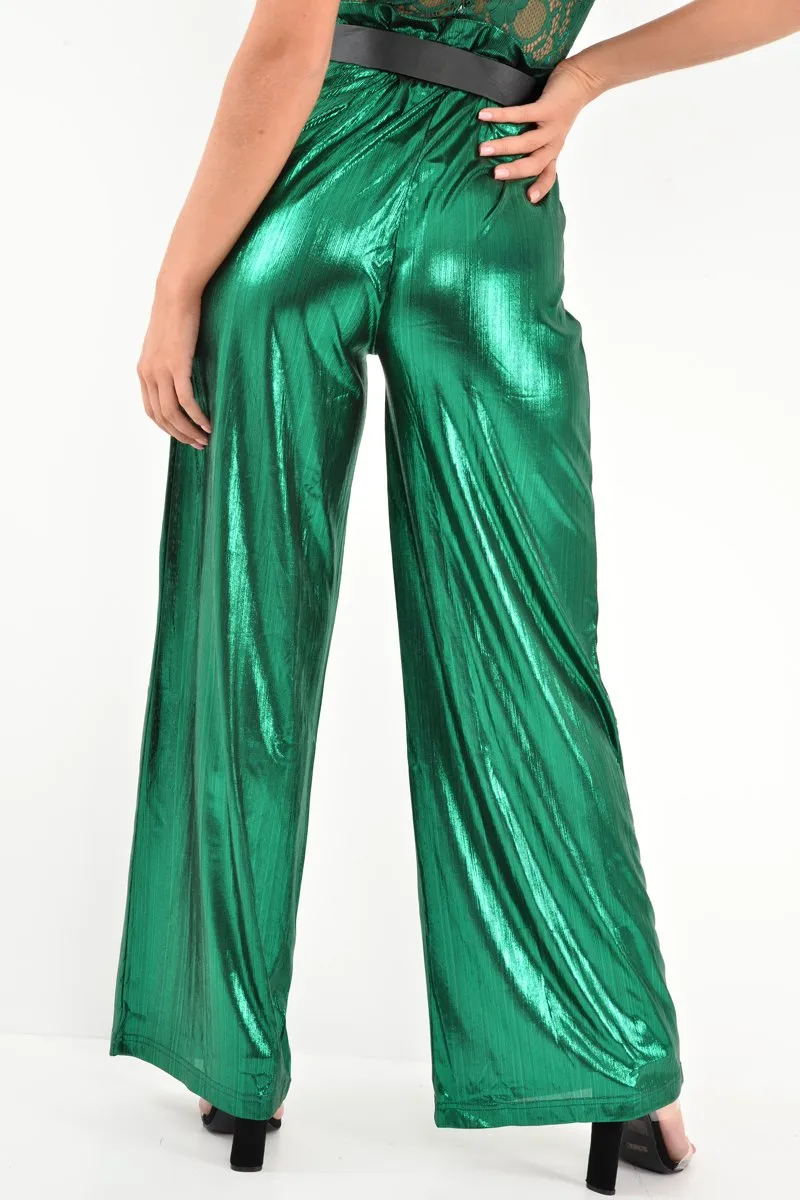 Green Metallic High Waist Wide Leg Trousers - Lissette