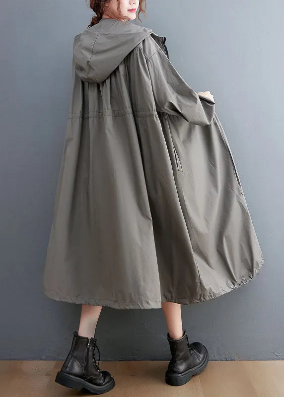 Grey Oversized Cotton Trench Coat Hooded Drawstring Spring