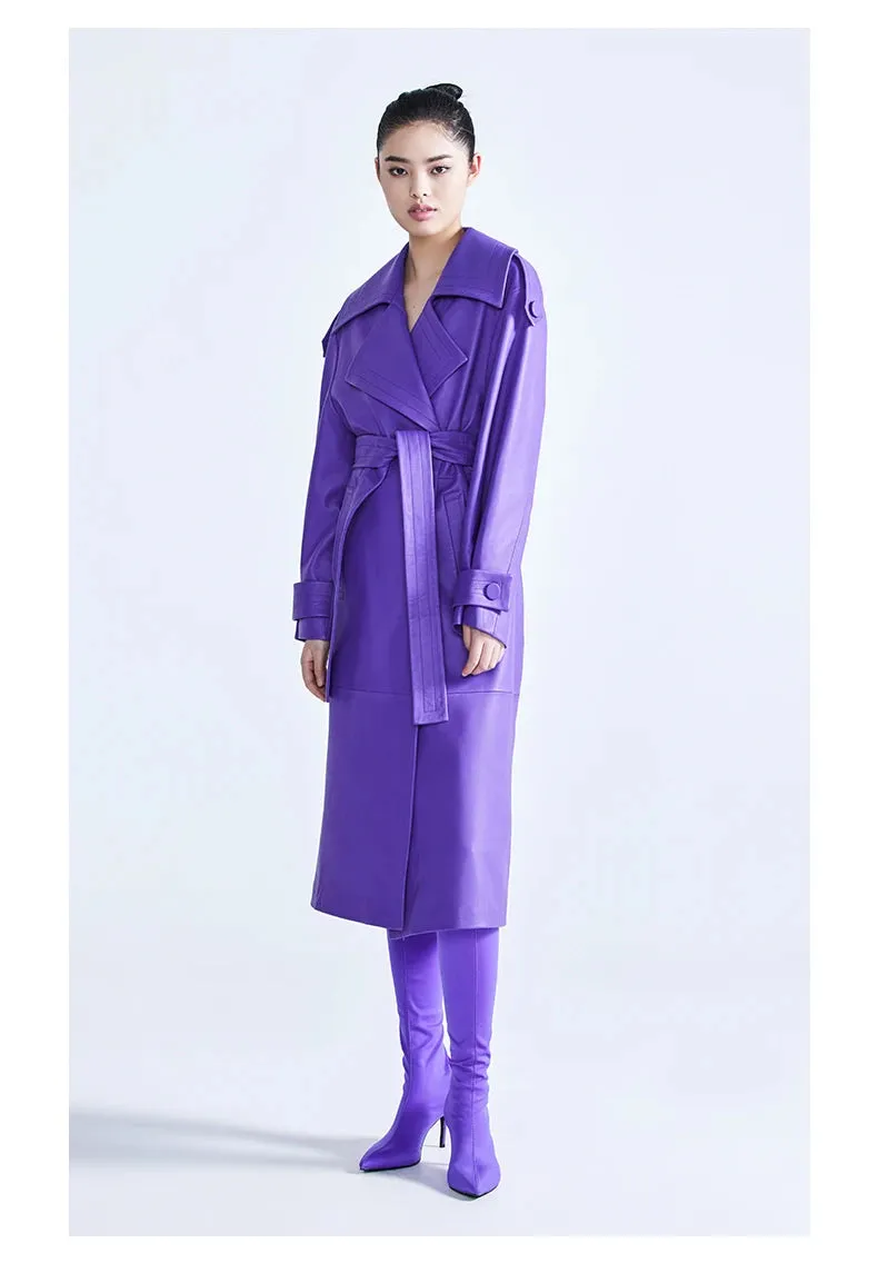 HEYFANCYSTYLE Faux Leather Purple Trench Coat