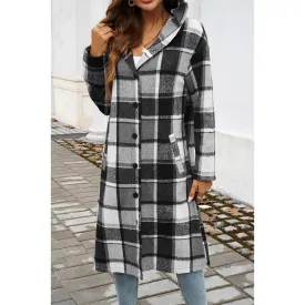 Hooded Flannel Trench Coat - Grey Plaid