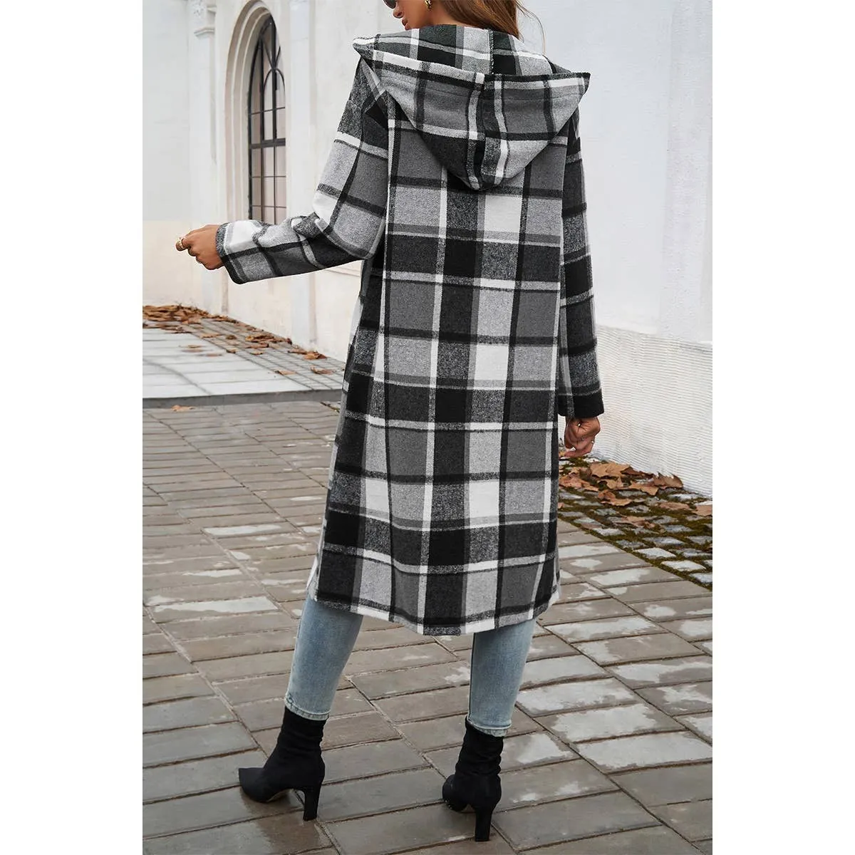 Hooded Flannel Trench Coat - Grey Plaid