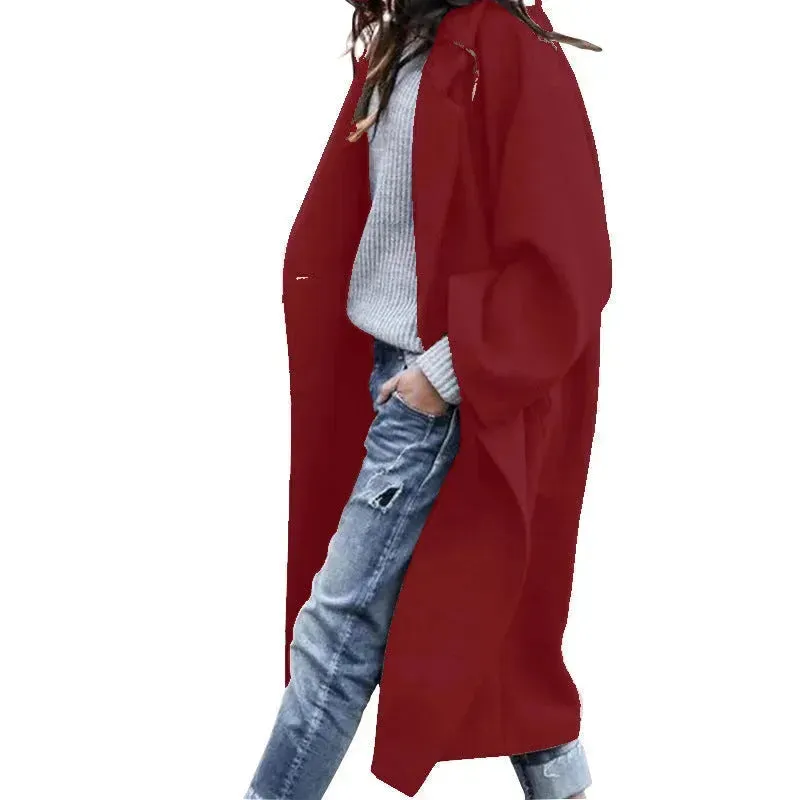 Lapel Single Breasted Women Winter Solid Woolen Trench Coat Long Jacket