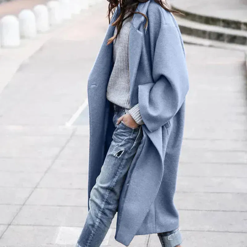 Lapel Single Breasted Women Winter Solid Woolen Trench Coat Long Jacket