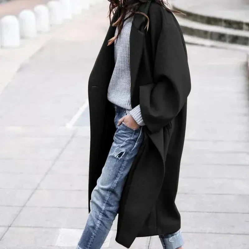 Lapel Single Breasted Women Winter Solid Woolen Trench Coat Long Jacket