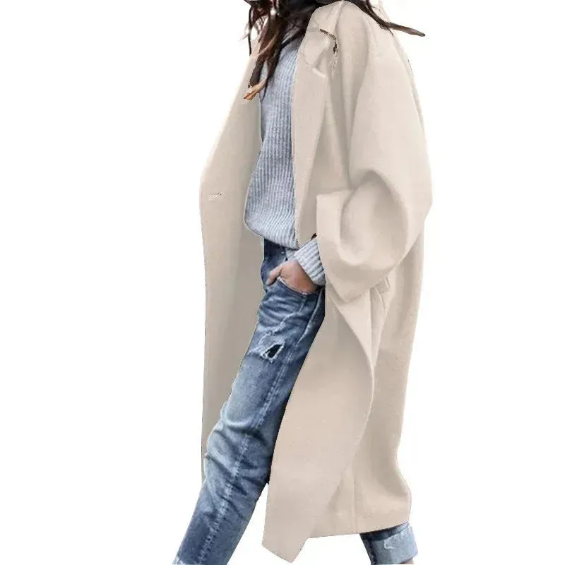 Lapel Single Breasted Women Winter Solid Woolen Trench Coat Long Jacket