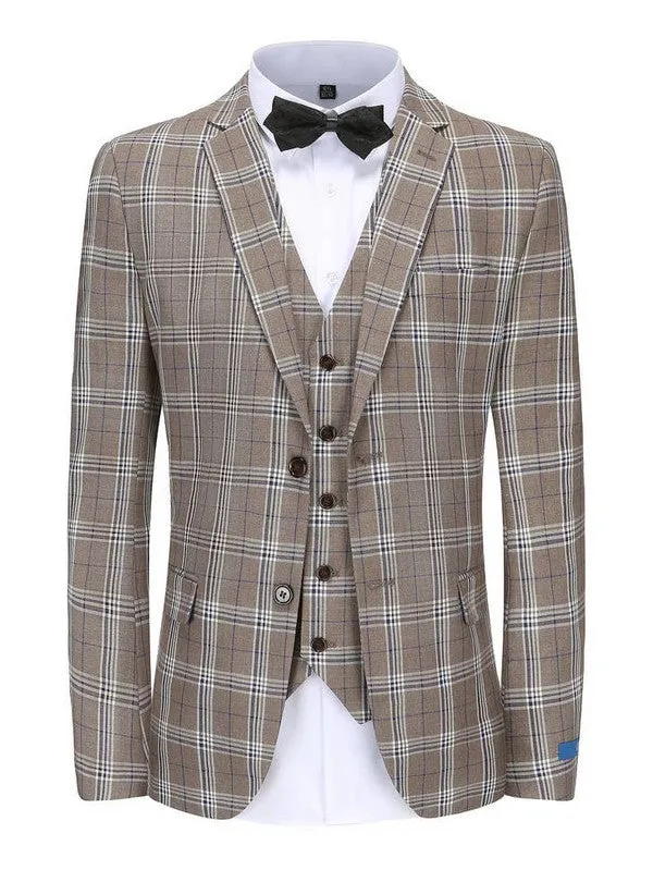 Light Brown Men's Slim-Fit 3PC Check Plaid Suit - Short