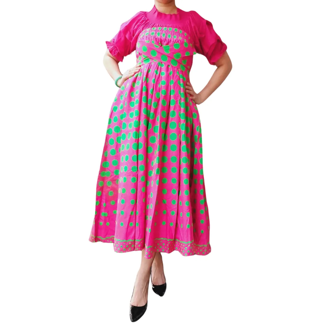 Long Flared Maxi Skirt- Pink-Green Polka Dots