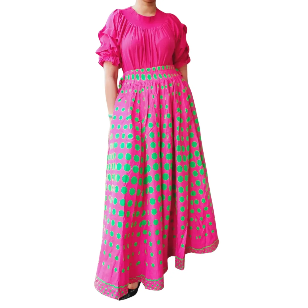 Long Flared Maxi Skirt- Pink-Green Polka Dots