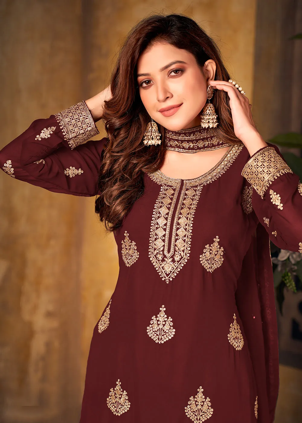 Maroon Thread & Zari Embroidered Palazzo Suit with Dupatta