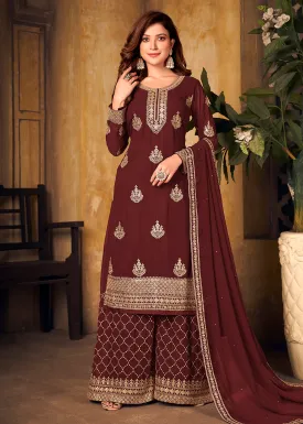 Maroon Thread & Zari Embroidered Palazzo Suit with Dupatta