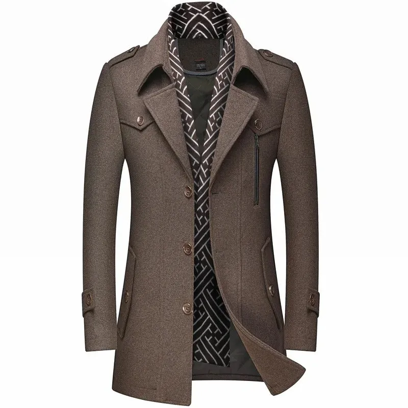 Men's Thickened Wool Windbreaker Coat Scarf Collar Medium-Long Jacket for Winter Warmth | 1906