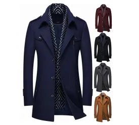 Men's Thickened Wool Windbreaker Coat Scarf Collar Medium-Long Jacket for Winter Warmth | 1906