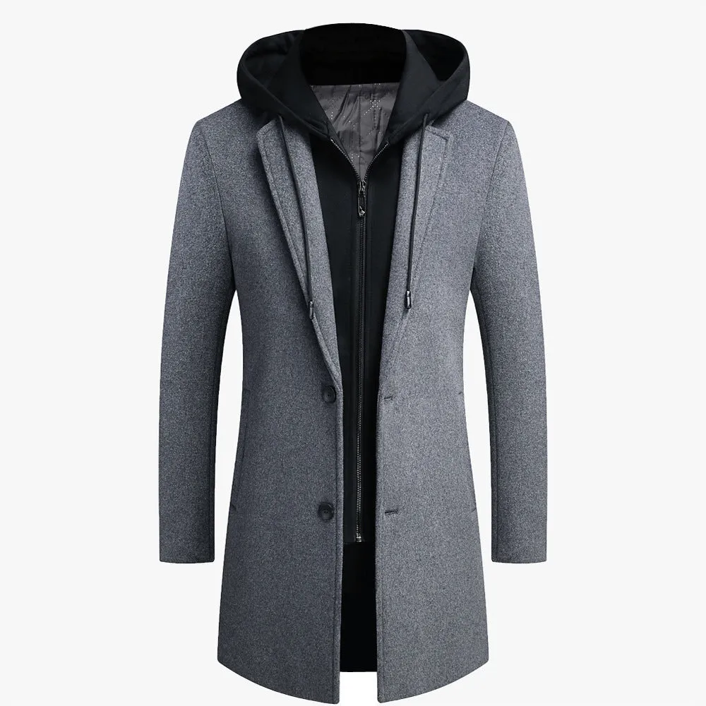 Men's Windproof Long Softshell Hooded Trench Jackets Side Pockets Double Breasted Warm Overcoat | 1909-3