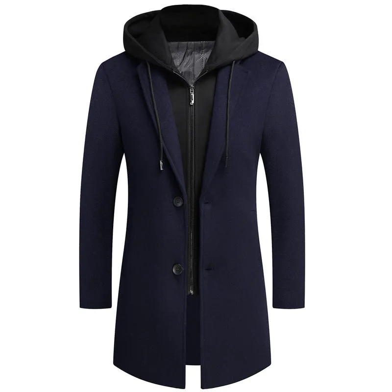 Men's Windproof Long Softshell Hooded Trench Jackets Side Pockets Double Breasted Warm Overcoat | 1909-3