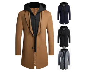 Men's Windproof Long Softshell Hooded Trench Jackets Side Pockets Double Breasted Warm Overcoat | 1909-3