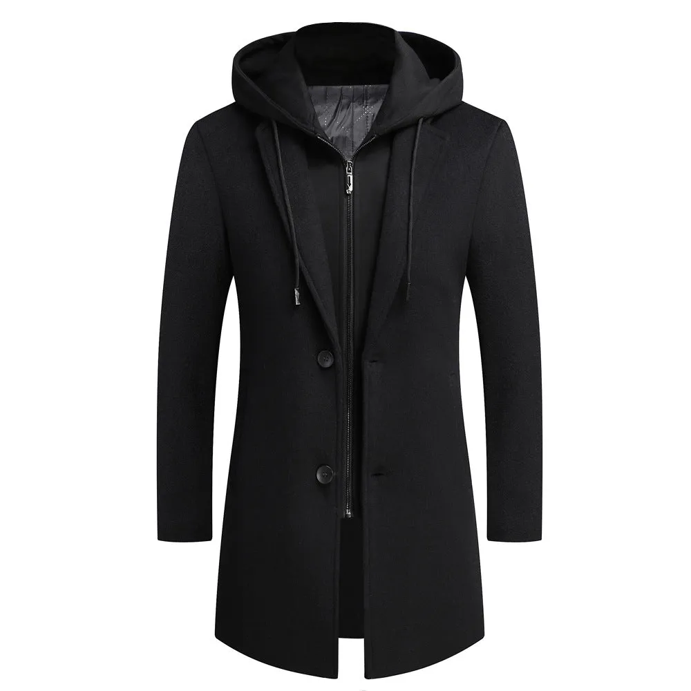 Men's Windproof Long Softshell Hooded Trench Jackets Side Pockets Double Breasted Warm Overcoat | 1909-3